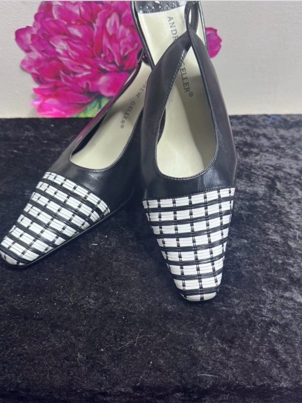 Andrew Geller Black and White Plaid Pointed-Toe Slingback Pumps